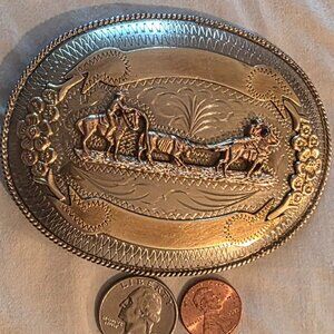 Vintage Metal Belt Buckle, Brass and Silver Nice Cowboys, Horses, Cattle Herding